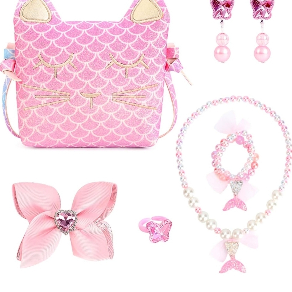 Pink Cat Mermaid Bag and Accessories Set